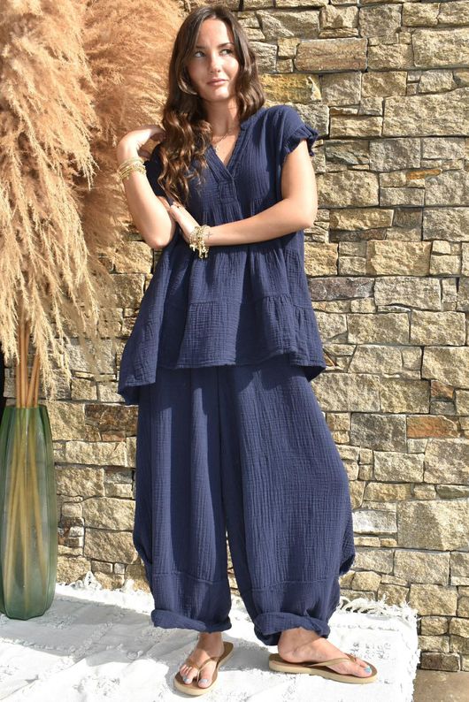 Tasha Cushion Cotton Cap Sleeve Tier Top Navy